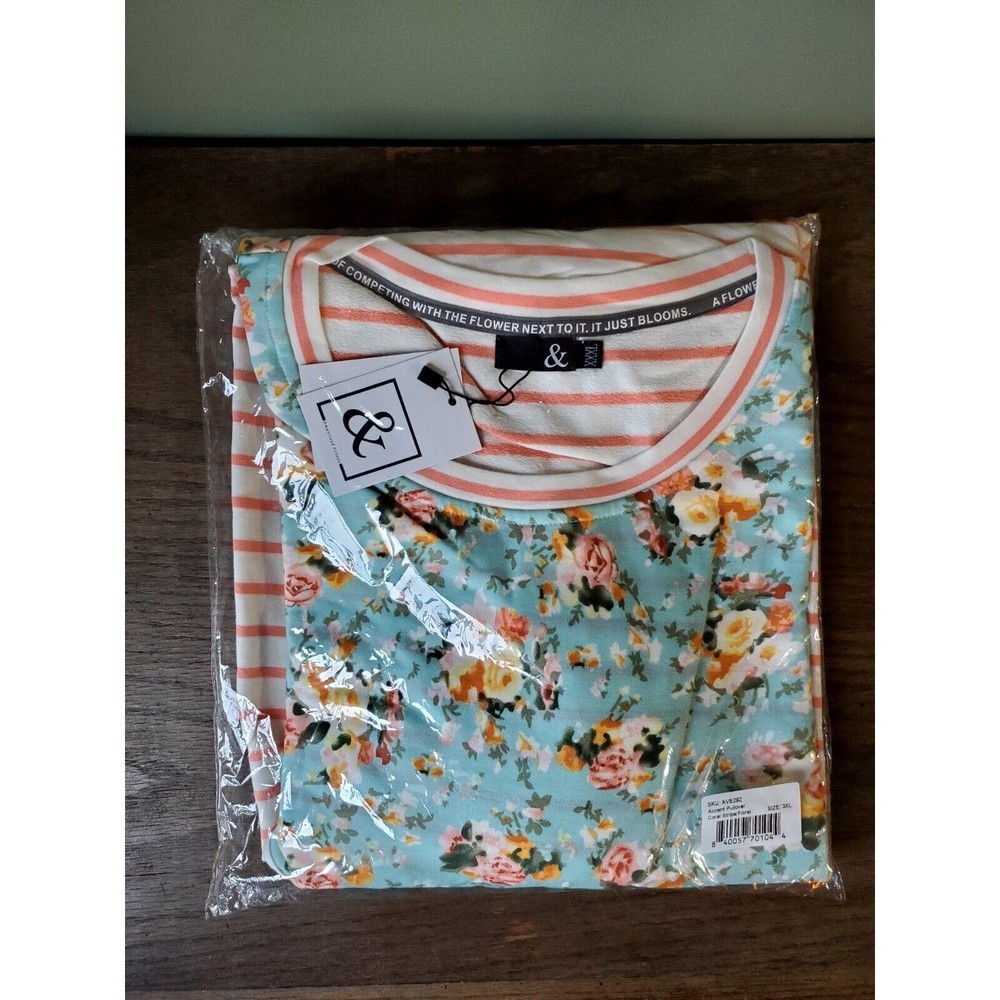 NWT Ampersand Ave Women's Crew Neck Pullover Teal Coral White Floral Sz 3XL